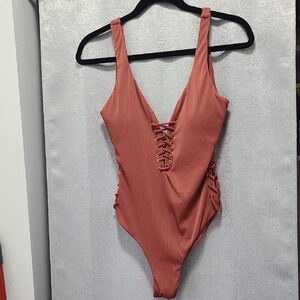 TiniBikini Cheeky Dusty Rose One Piece with Plunging V-Neck and Lace-Up Detail M